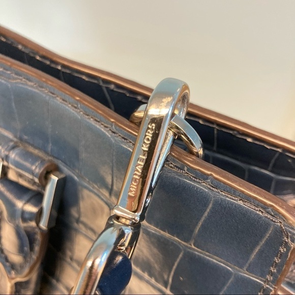 MICHAEL KORS Navy Blue Crocodile Embossed Leather Selma Tote Satchel - Picture 7 of 16